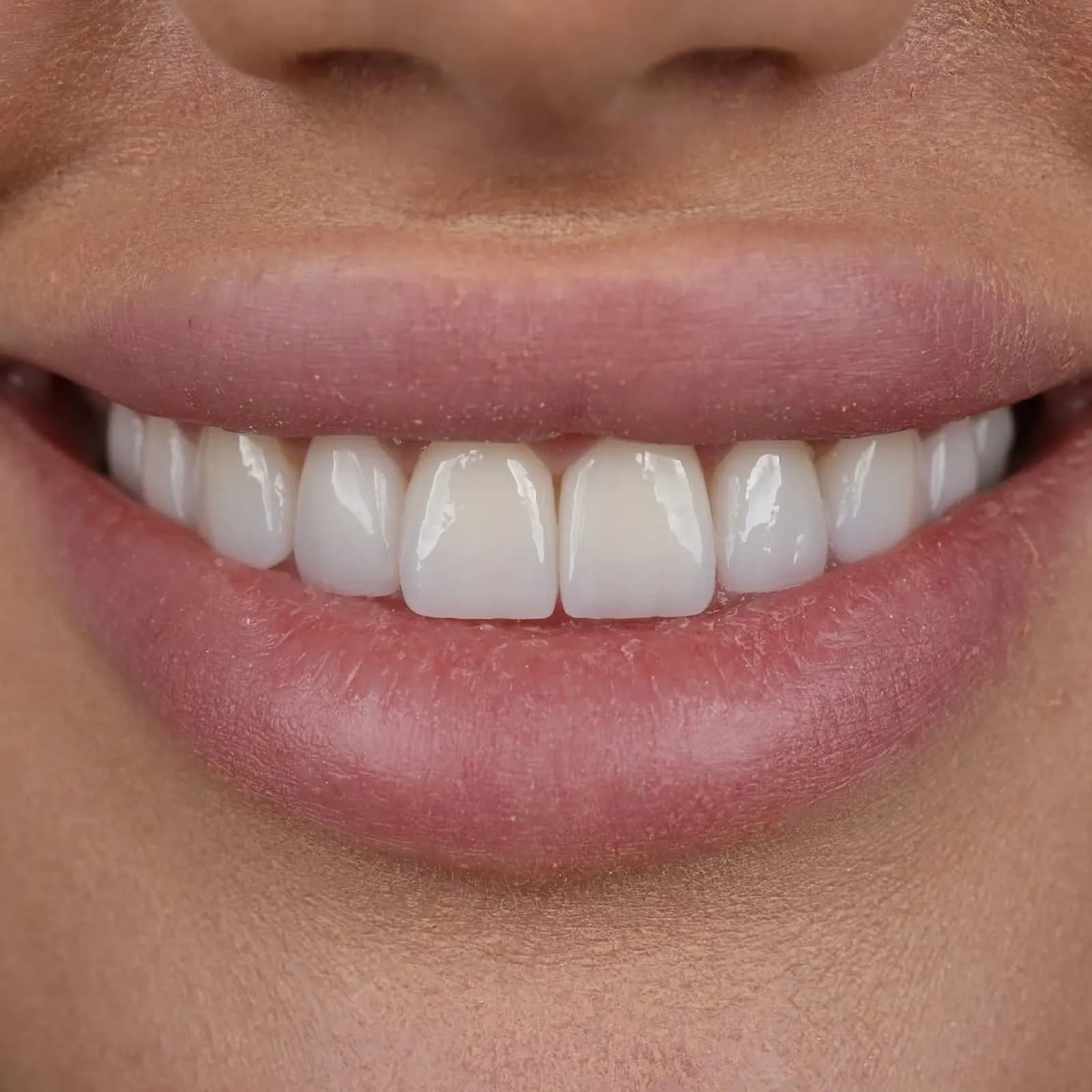 Laminate veneers after result, close-up of white front teeth, Turkey dental clinic.