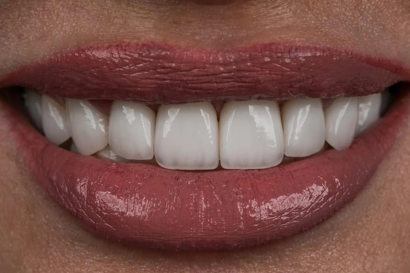 Porcelain veneers after result, close-up of white front teeth, Turkey dental clinic.