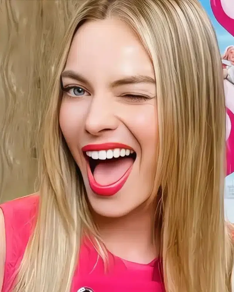 Margot Robbie ’s iconic glowing smile captured in natural lighting.