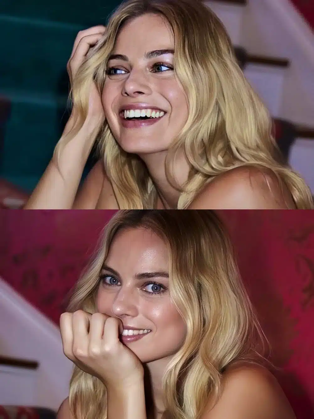 “Margot Robbie laughing with expressive mouth movement and bright smile.”