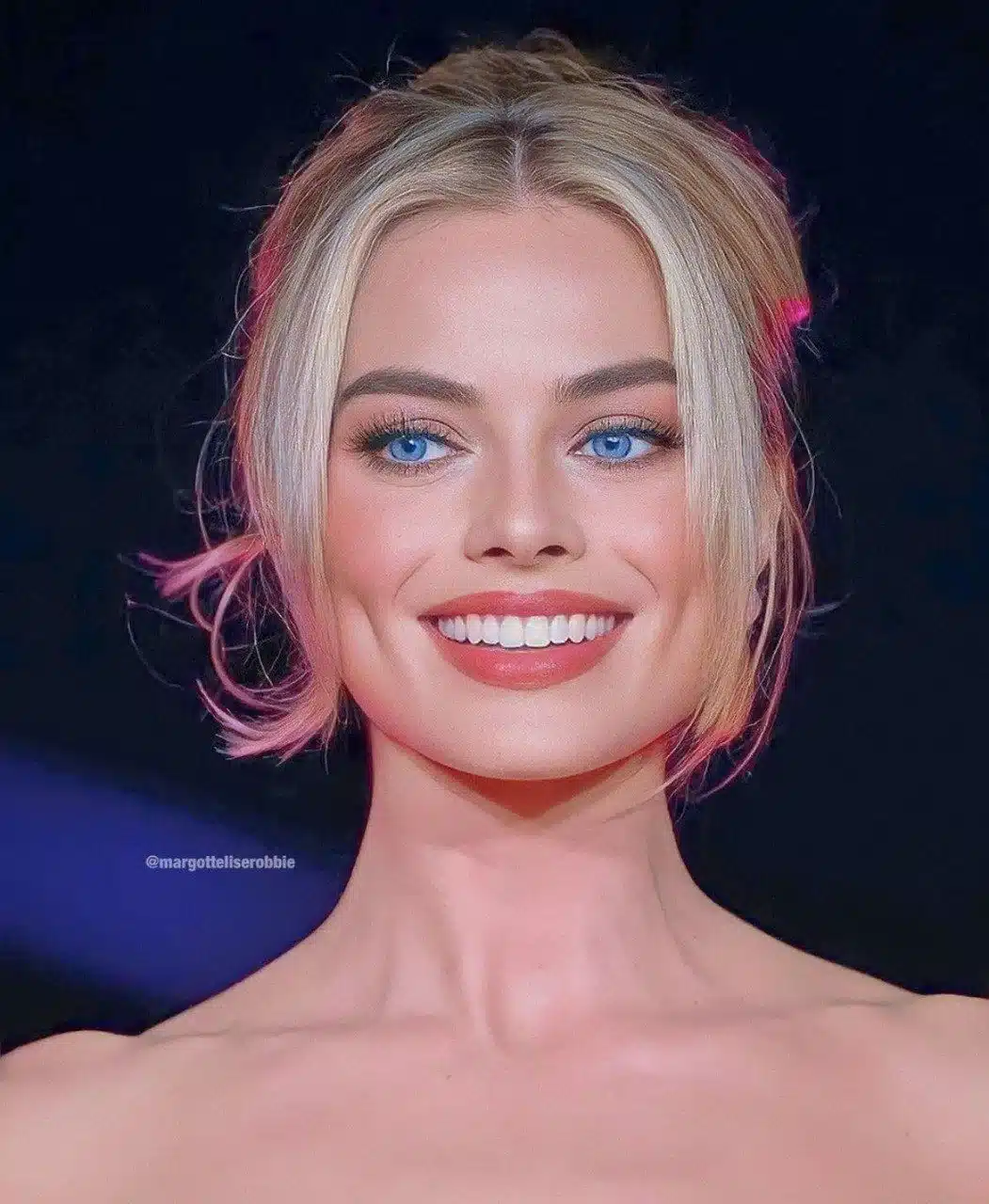 “Margot Robbie smiling subtly with neutral smile arc and warm tones.”