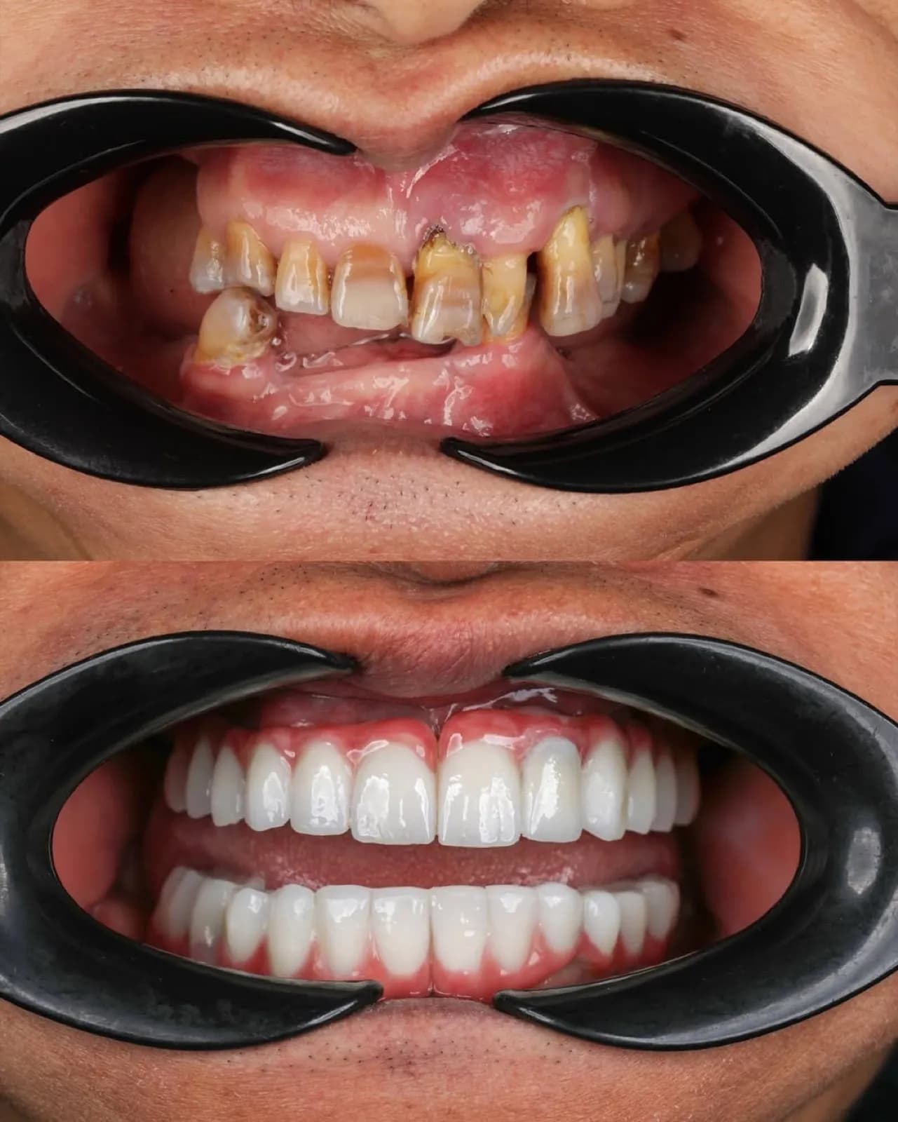 Full mouth dental implant before and after result showing worn, discolored, and gapped natural teeth transformed into a bright white zirconia full-arch restoration, Turkey dental clinic.