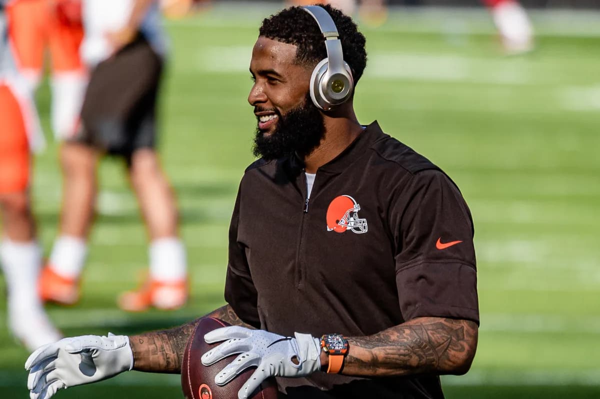 Odell Beckham Jr. smiling in 2019, at a Cleveland Browns training camp