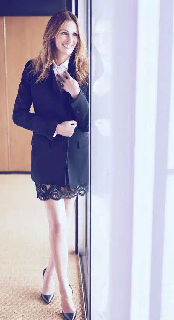 “Close shot highlighting Julia Roberts’ unique wide smile and natural tooth proportions.”