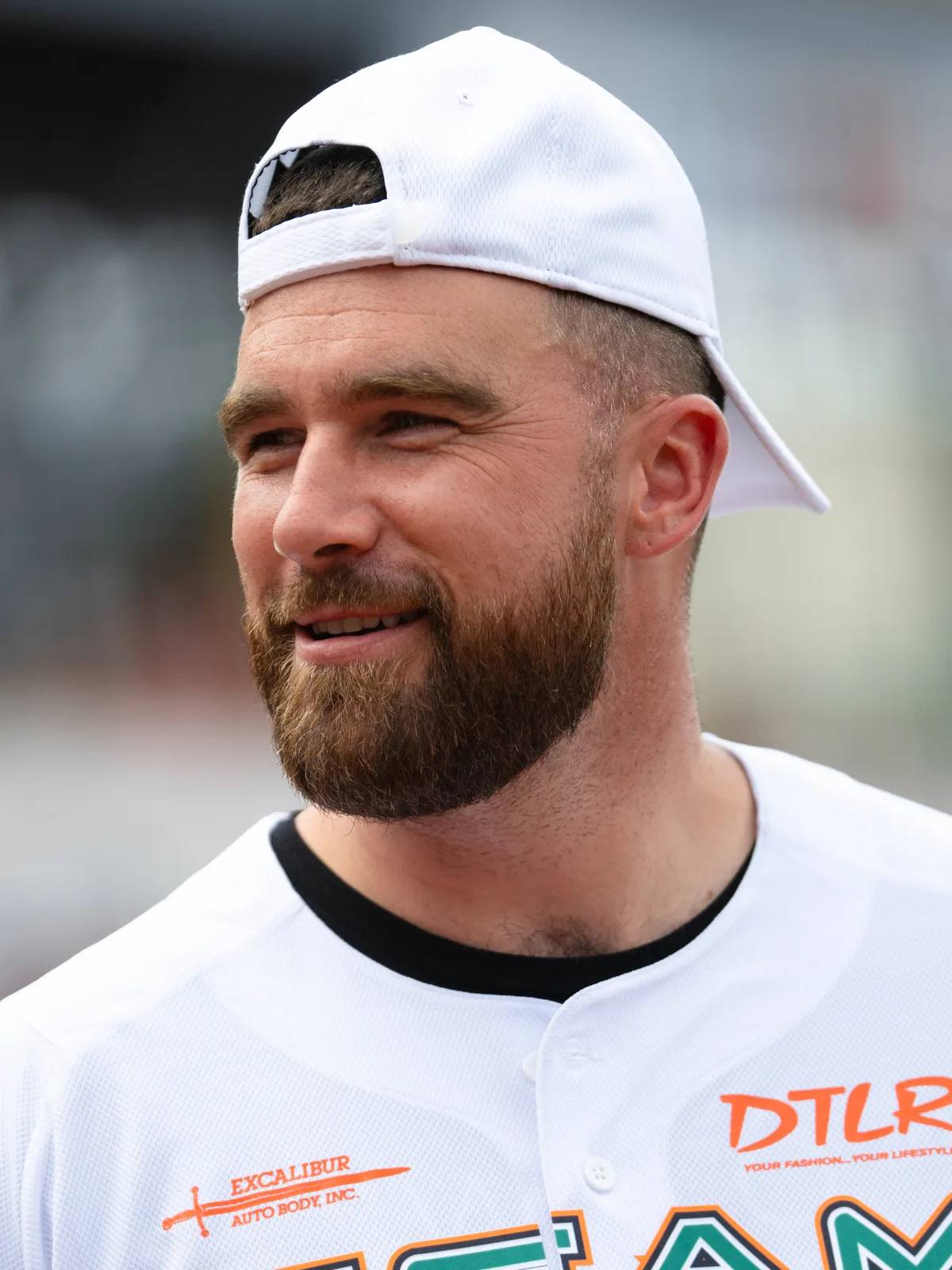 Travis Kelce in 2024, at a charity softball game