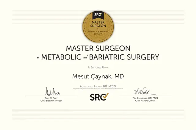 Surgical Review Corporation certificate: Mesut Çaynak, MD, Master Surgeon in Metabolic and Bariatric Surgery, accredited August 2021 to 2027