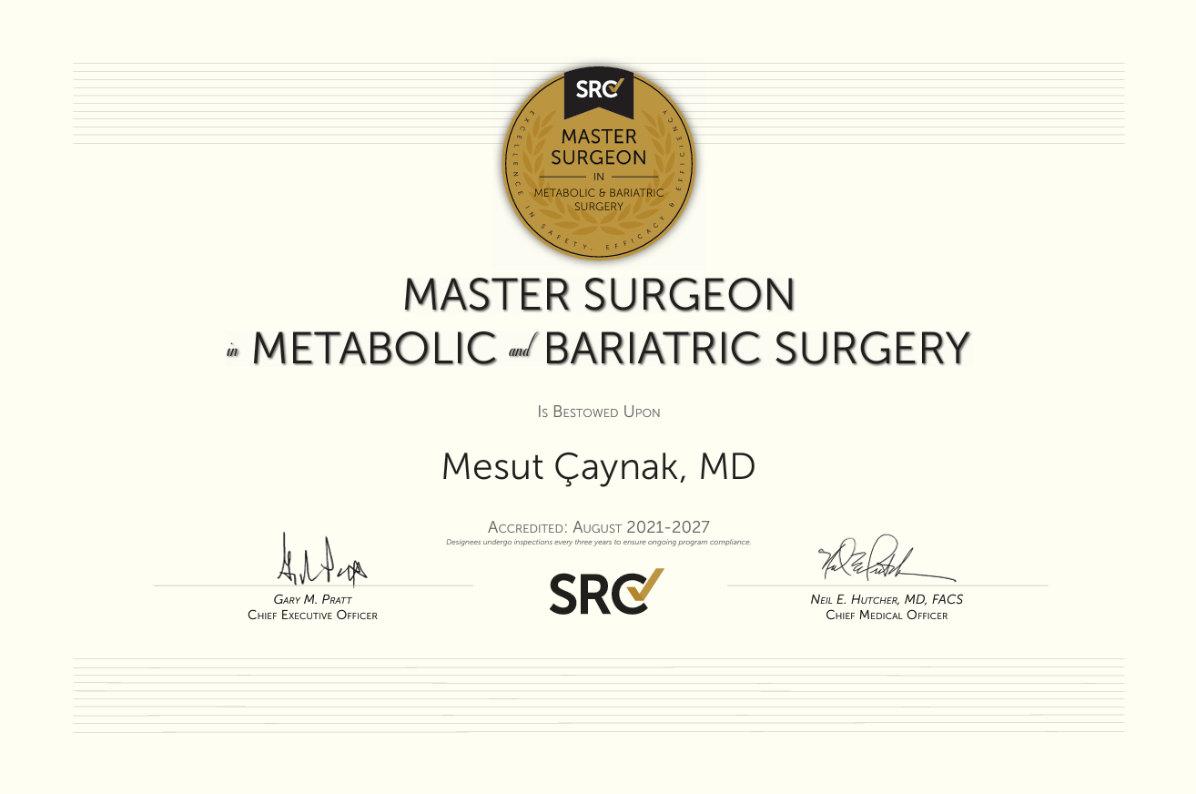 Surgical Review Corporation certificate: Mesut Çaynak, MD, Master Surgeon in Metabolic and Bariatric Surgery, accredited August 2021 to 2027