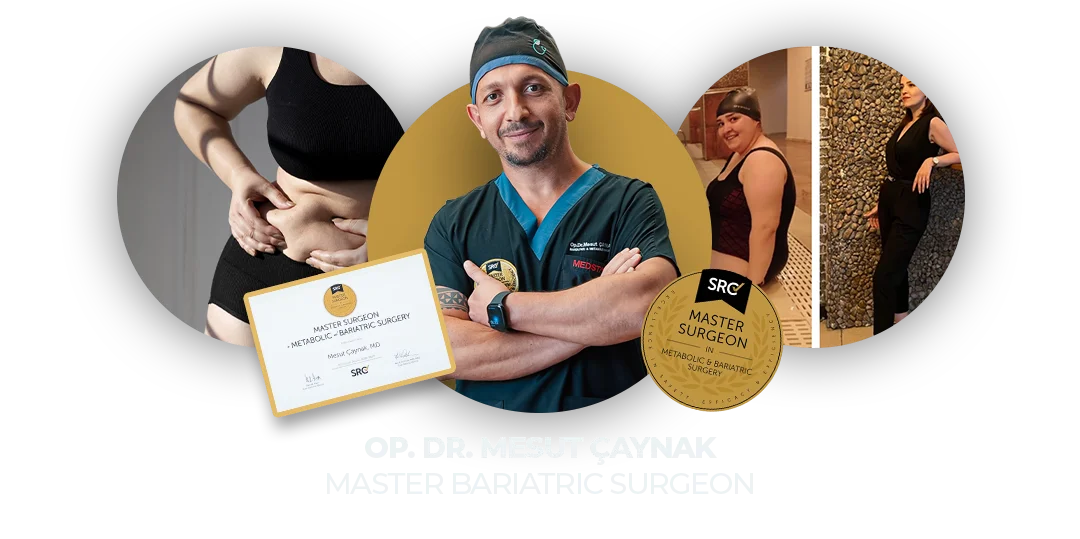 Op. Dr. Mesut Çaynak in scrubs with his SRC Master Surgeon certificate and medal