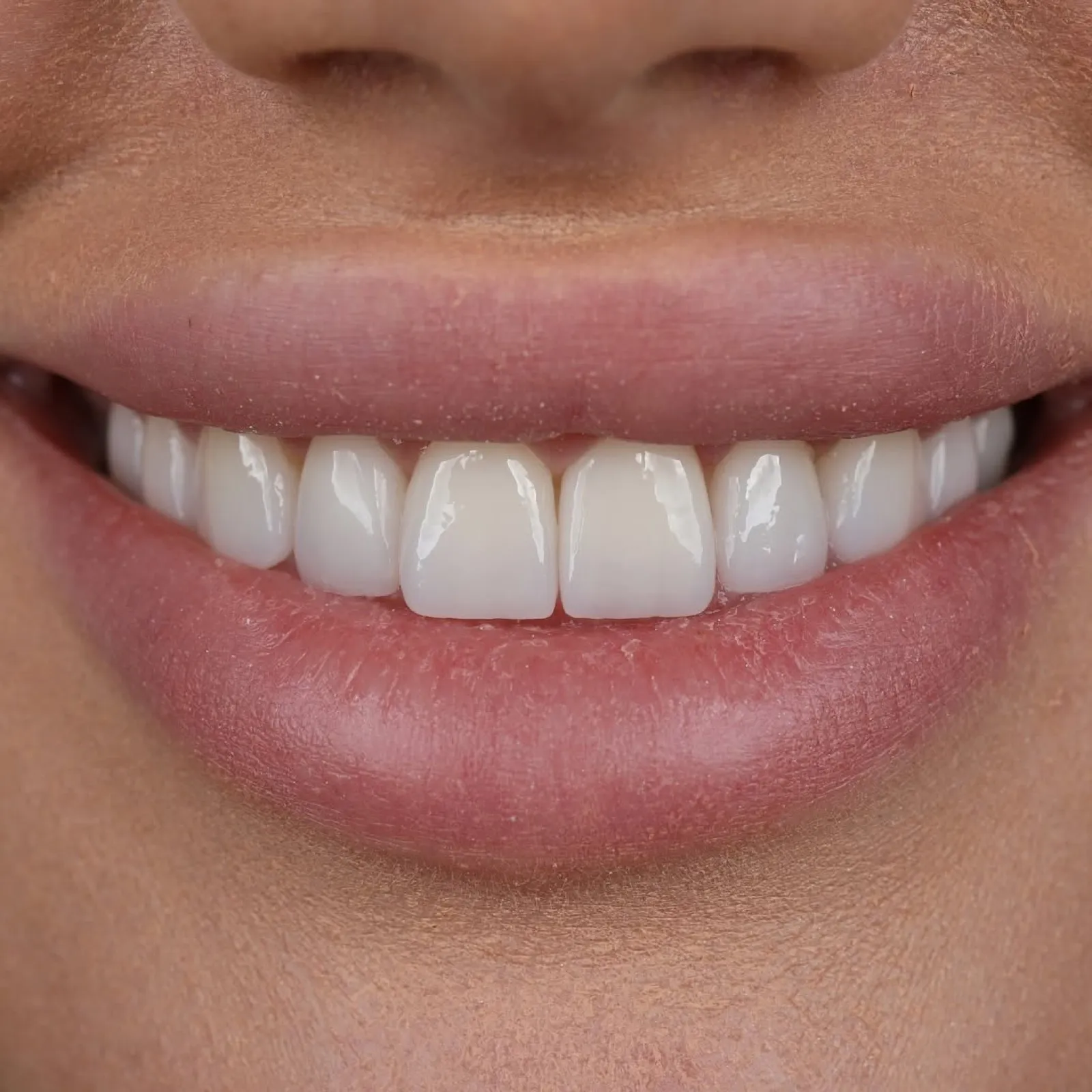 Laminate veneers after result, close-up of white front teeth, Turkey dental clinic.