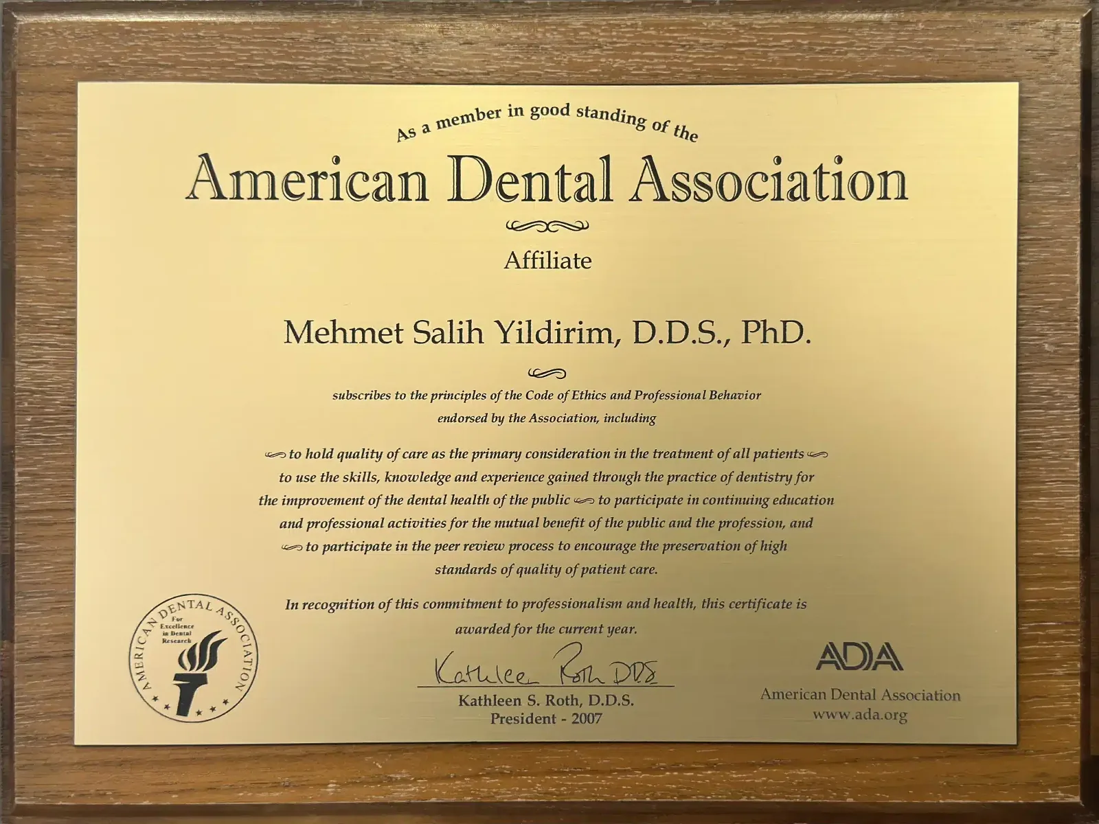 American Dental Association Affiliate certificate awarded to Mehmet Salih Yildirim, D.D.S., PhD