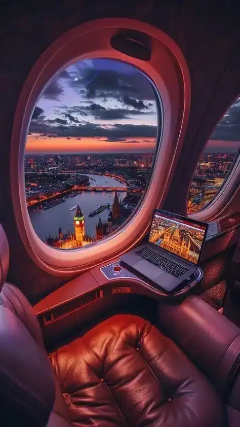 Business class airplane seat with a laptop, looking out the window over a city skyline at dusk