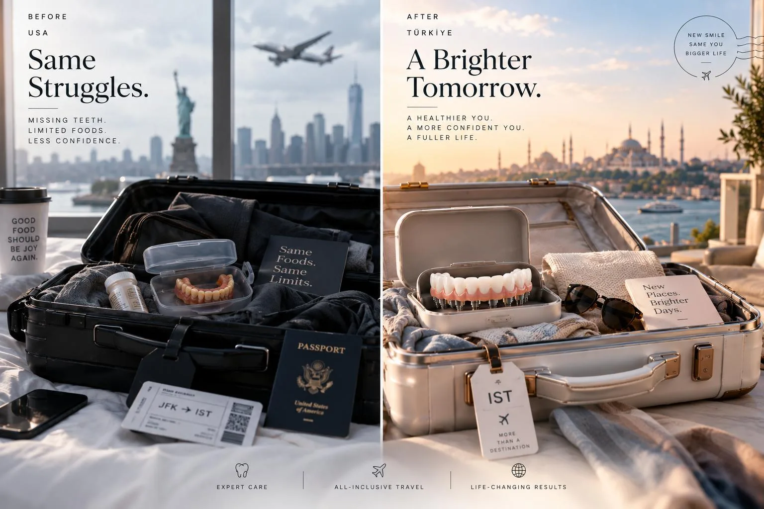 Split image: life before treatment in the U.S. on the left and the restored smile after treatment in Türkiye on the right, framed as a JFK to Istanbul boarding pass