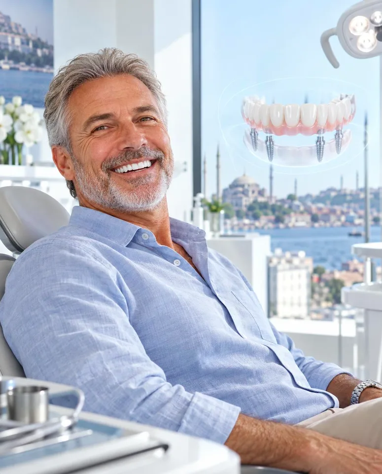 Smiling patient in a modern dental clinic chair with a view of Istanbul, showing a full-arch implant model