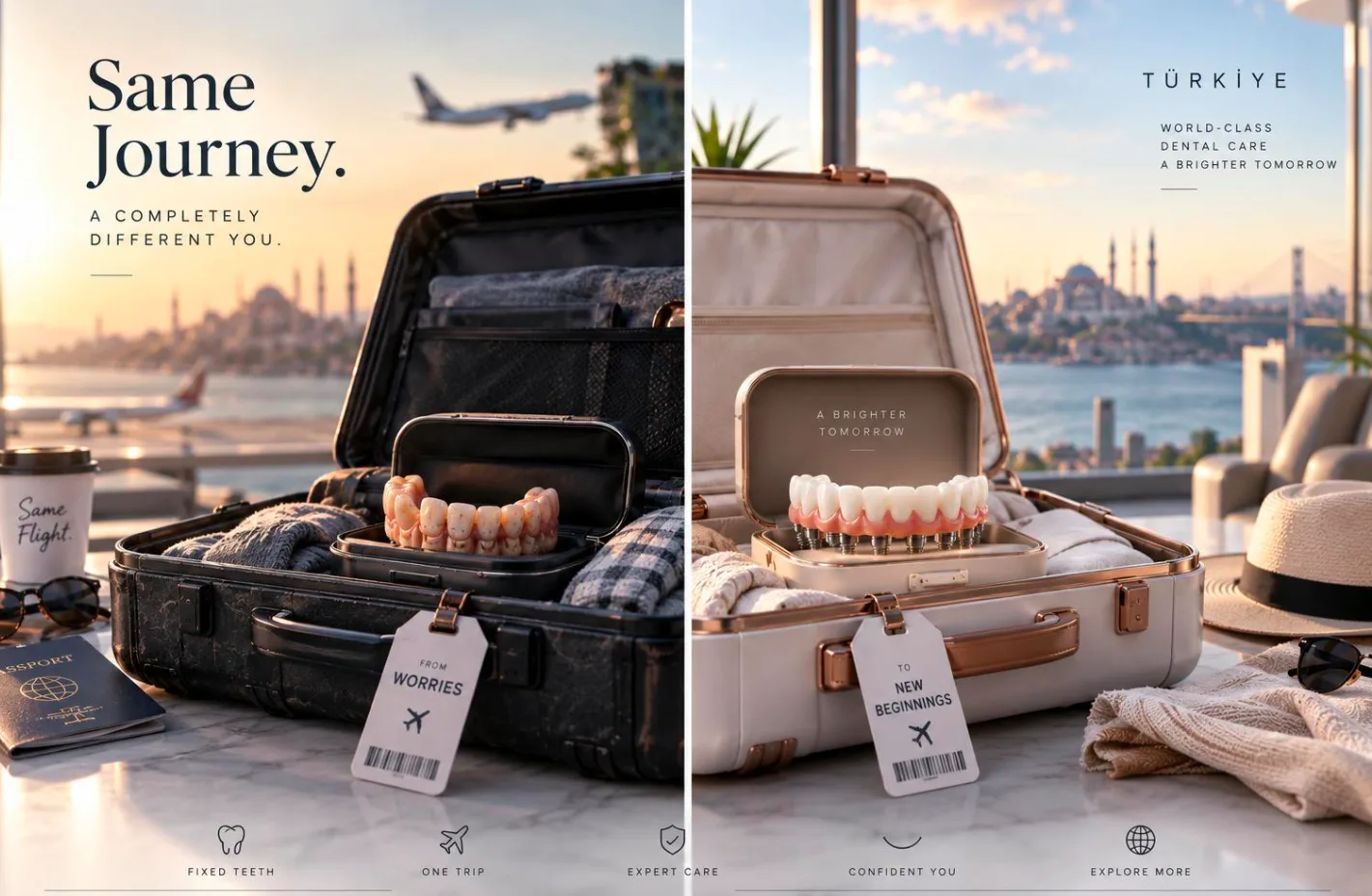 Side-by-side comparison of a worn suitcase before treatment and a new suitcase after treatment, symbolizing the before-and-after journey to Turkey