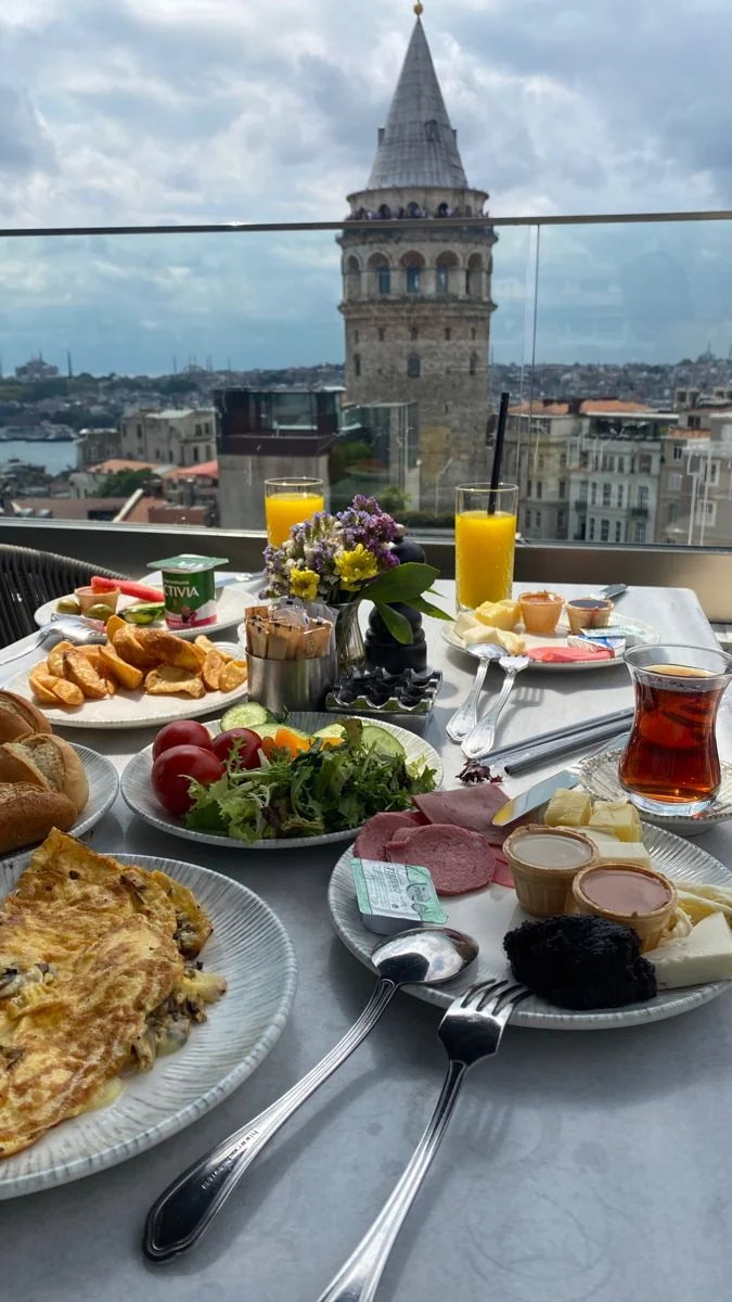 Breakfast spread with Galata Tower visible in the background