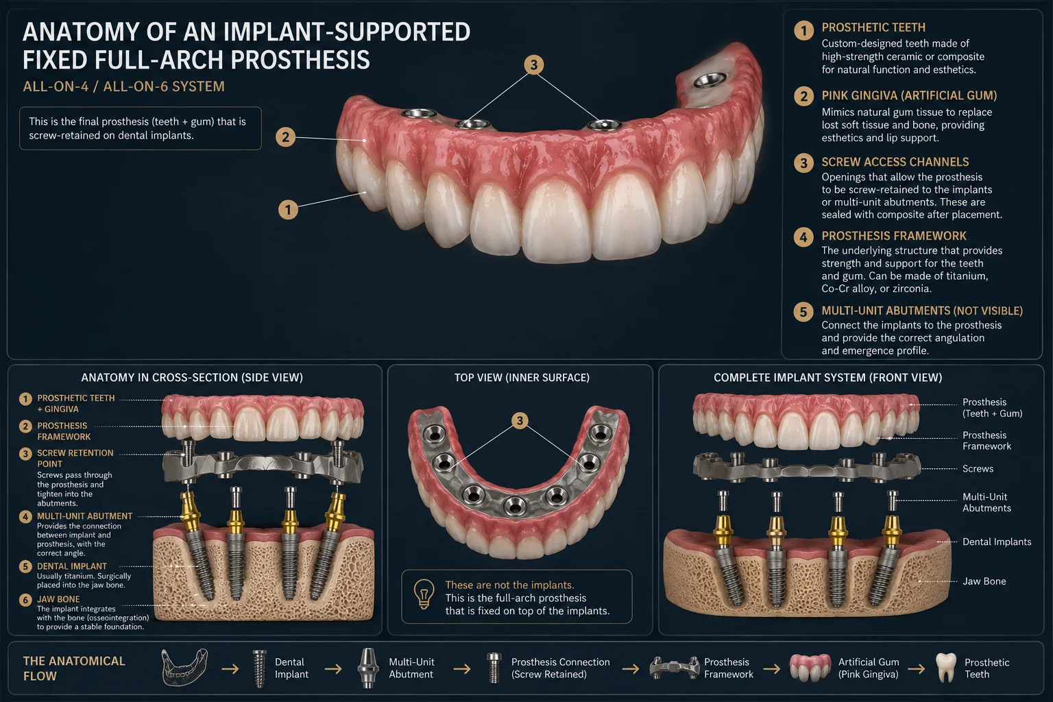 Anatomy of an implant-supported fixed full-arch prosthesis: prosthetic teeth, artificial gingiva, screw access channels, prosthesis framework and multi-unit abutments labelled on an All-on-4/All-on-6 model