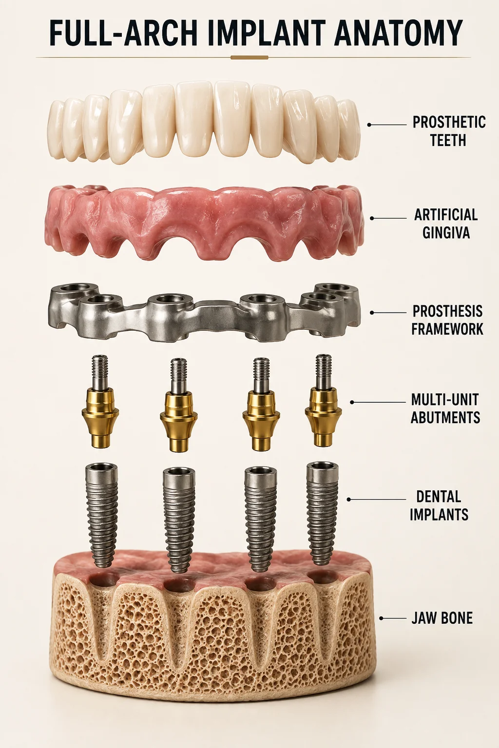Exploded diagram of a full-arch implant: prosthetic teeth, artificial gingiva, prosthesis framework, multi-unit abutments, dental implants and jaw bone shown as separate layers