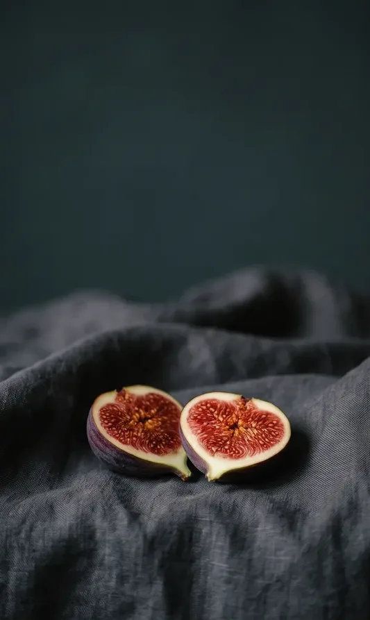 Still life: halved figs on charcoal linen