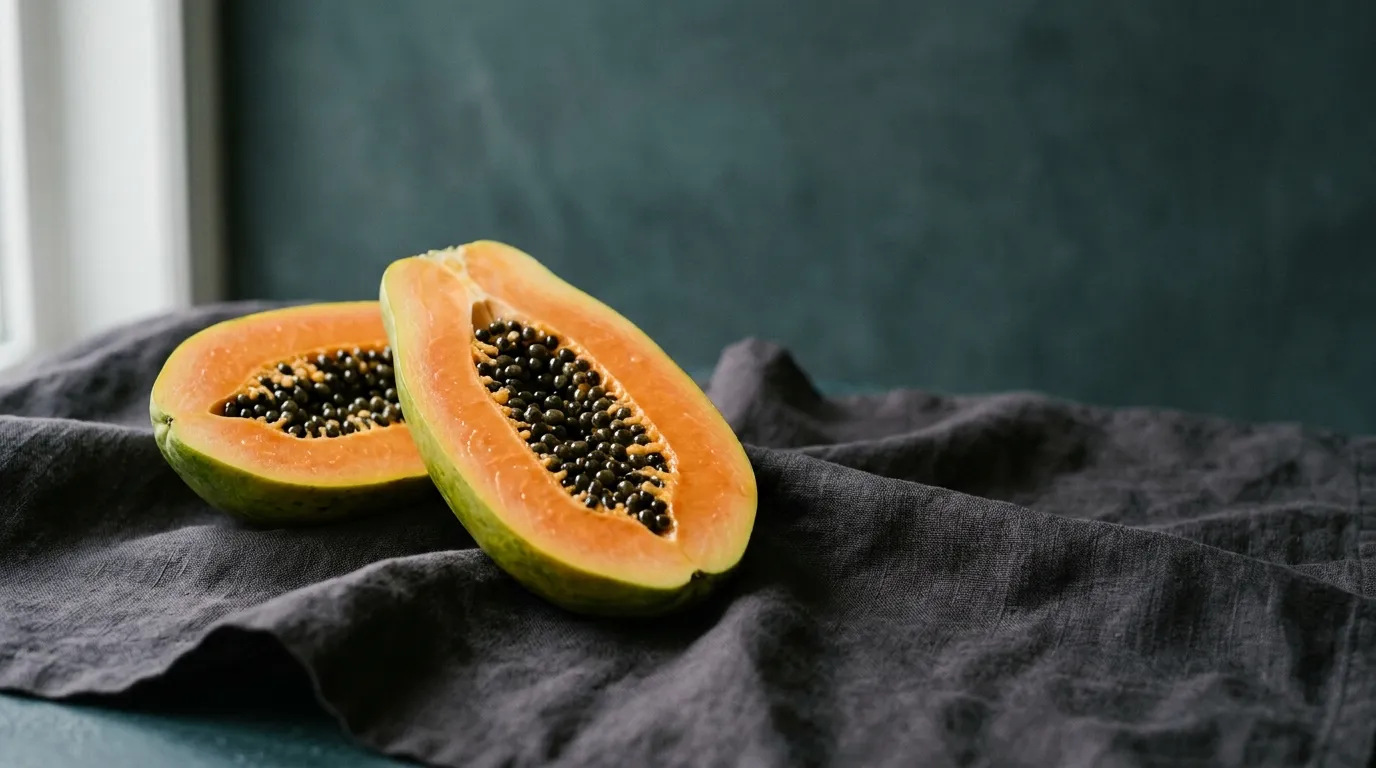 Still life: a halved papaya on dark linen