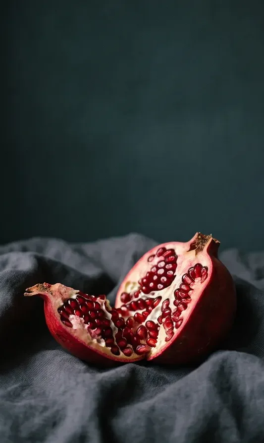 Still life: an opened pomegranate on dark linen
