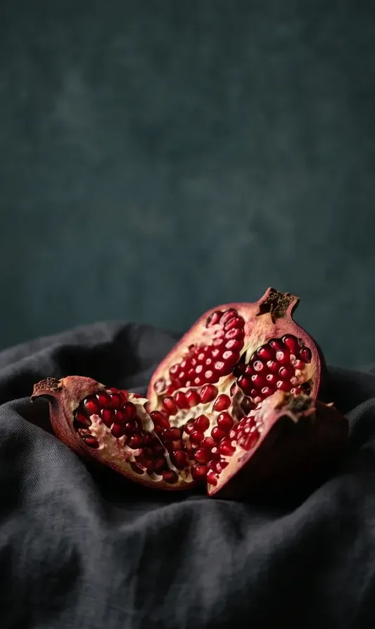 Still life: a broken pomegranate on charcoal linen