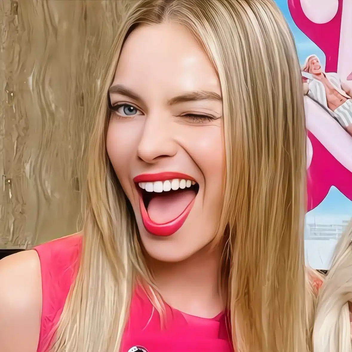 Margot Robbie ’s iconic glowing smile captured in natural lighting.