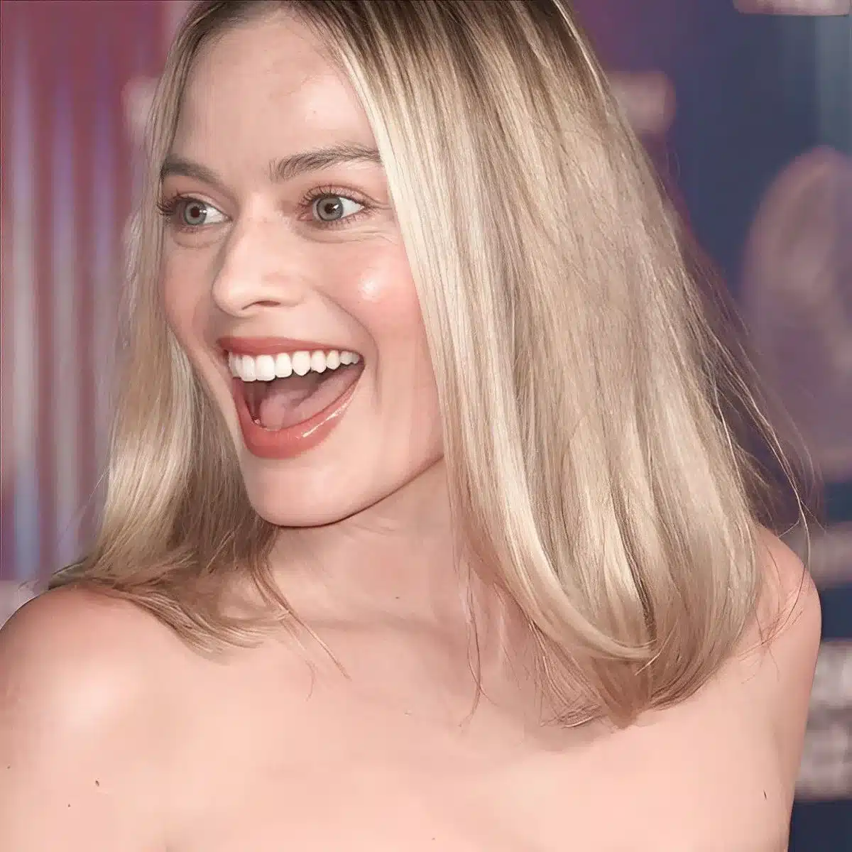 “Margot Robbie smiling with even dental symmetry and expressive eyes.”