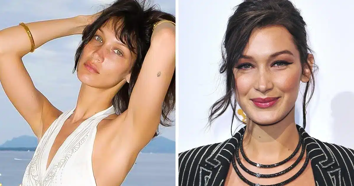 2. “Close-up of Bella Hadid highlighting refined cheekbone structure.”