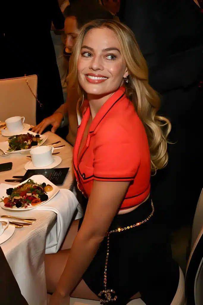 The Feminine Geometry Behind Margot Robbie’s Smile 41 “Margot Robbie showing balanced gingival aesthetics in soft smile.”